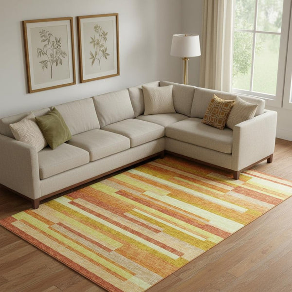 HomeRoots 8' X 10' Vibrant Orange & Gold Striped Area Rug - Washable, UV Protected & Perfect for High-Traffic Homes 664294