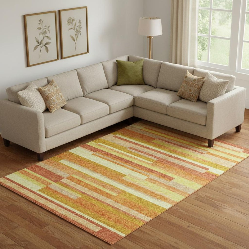 HomeRoots 9' X 12' Vibrant Orange and Gold Striped Washable Area Rug - Durable, Stain-Resistant, UV Protected 664295