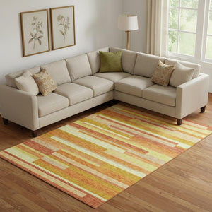 HomeRoots 9' X 12' Vibrant Orange and Gold Striped Washable Area Rug - Durable, Stain-Resistant, UV Protected 664295