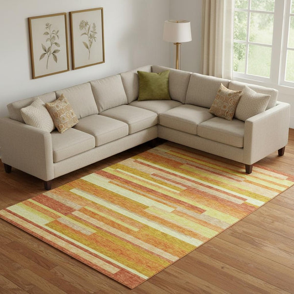 HomeRoots 9' X 12' Vibrant Orange and Gold Striped Washable Area Rug - Durable, Stain-Resistant, UV Protected 664295