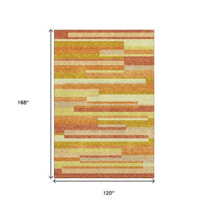 HomeRoots 10' X 14' Orange And Gold Striped Area Rug - Washable, UV Protected, Perfect for Busy Homes! 664296