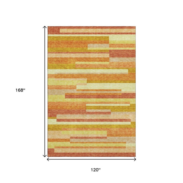 HomeRoots 10' X 14' Orange And Gold Striped Area Rug - Washable, UV Protected, Perfect for Busy Homes! 664296