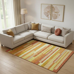 HomeRoots 10' X 14' Orange And Gold Striped Area Rug - Washable, UV Protected, Perfect for Busy Homes! 664296