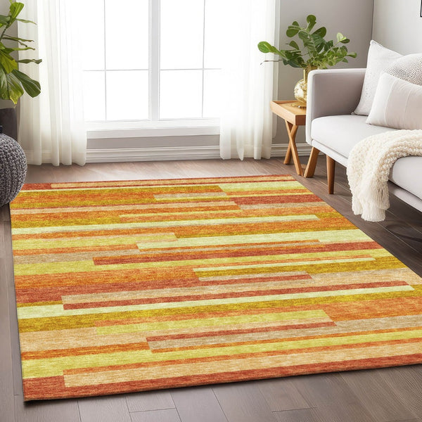 HomeRoots 10' X 14' Orange And Gold Striped Area Rug - Washable, UV Protected, Perfect for Busy Homes! 664296