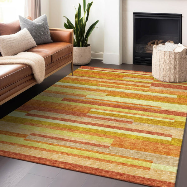HomeRoots 10' X 14' Orange And Gold Striped Area Rug - Washable, UV Protected, Perfect for Busy Homes! 664296