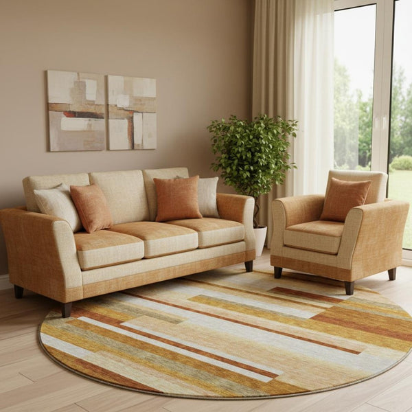 HomeRoots 8' Washable Round Rug in Rust, Ivory & Taupe Stripes - Durable, UV Protected, Stain Resistant Design 664299