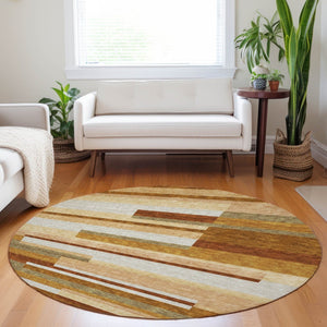 HomeRoots 8' Washable Round Rug in Rust, Ivory & Taupe Stripes - Durable, UV Protected, Stain Resistant Design 664299