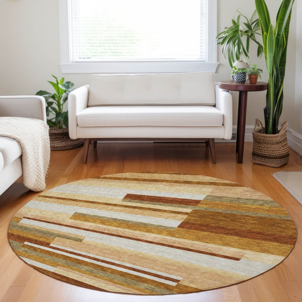 HomeRoots 8' Washable Round Rug in Rust, Ivory & Taupe Stripes - Durable, UV Protected, Stain Resistant Design 664299