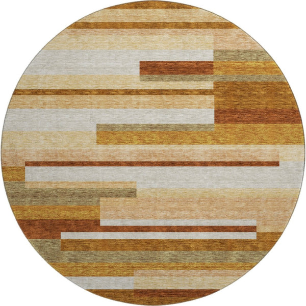 HomeRoots 8' Washable Round Rug in Rust, Ivory & Taupe Stripes - Durable, UV Protected, Stain Resistant Design 664299