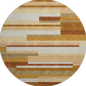 HomeRoots 8' Washable Round Rug in Rust, Ivory & Taupe Stripes - Durable, UV Protected, Stain Resistant Design 664299