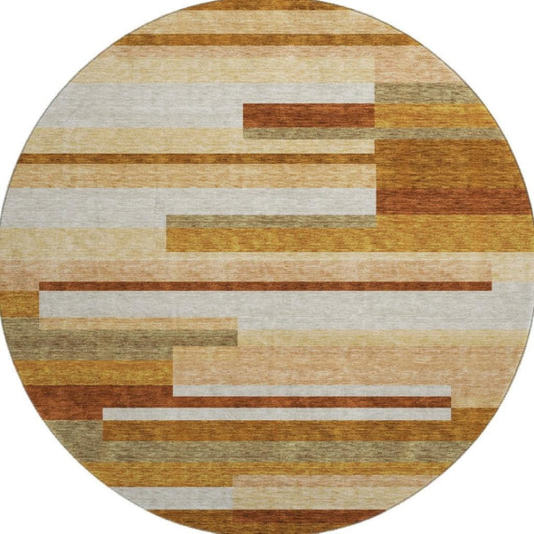 HomeRoots 8' Washable Round Rug in Rust, Ivory & Taupe Stripes - Durable, UV Protected, Stain Resistant Design 664299