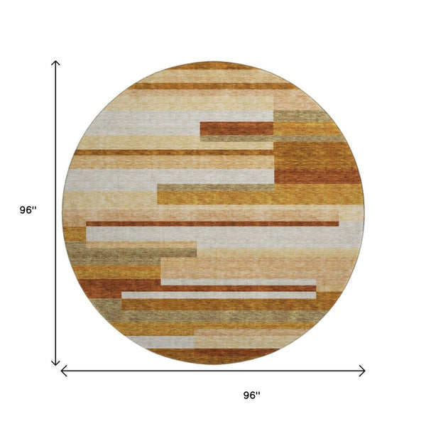 HomeRoots 8' Washable Round Rug in Rust, Ivory & Taupe Stripes - Durable, UV Protected, Stain Resistant Design 664299