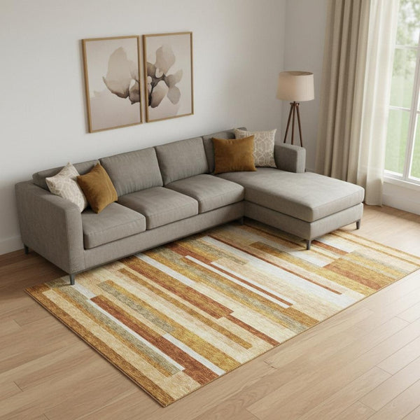 HomeRoots 8' X 10' Washable Striped Area Rug in Rust, Ivory & Taupe - Durable, Stain Resistant & UV Protected! 664300