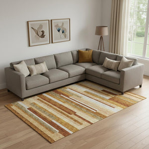 HomeRoots 9' X 12' Rust Ivory Taupe Striped Area Rug – Durable, Washable, UV Protected, Easy Care for Homes 664301