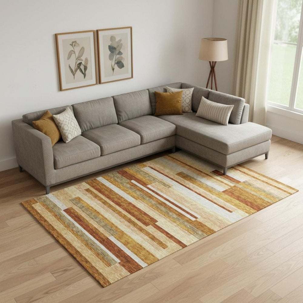 HomeRoots 10' X 14' Striped Washable Area Rug in Rust, Ivory & Taupe - UV Protected, Stain-Resistant Design 664302