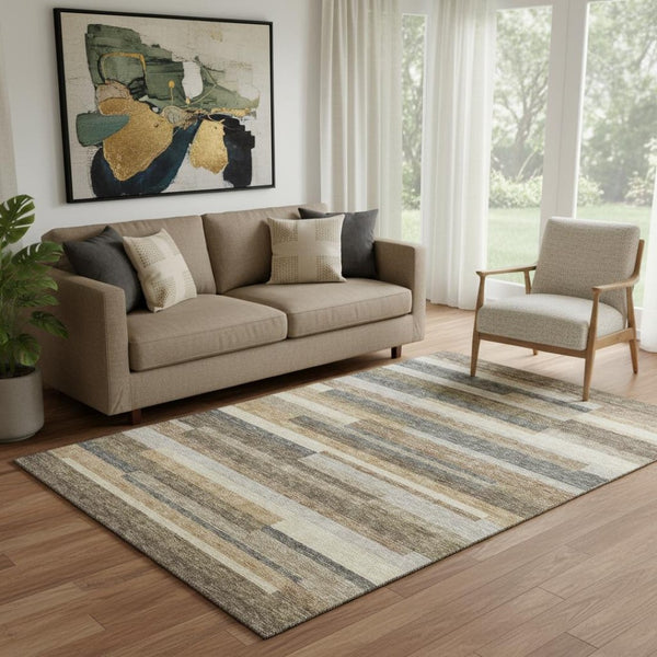 HomeRoots 5' X 8' Taupe Gray & Silver Striped Washable Area Rug - UV Protected, Durable & Family-Friendly Design 664310