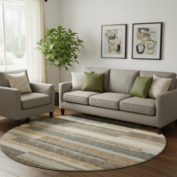 HomeRoots 8' Elegant Taupe Gray & Silver Striped Washable Round Rug with UV Protection for Busy Homes 664311