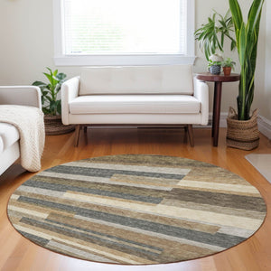HomeRoots 8' Elegant Taupe Gray & Silver Striped Washable Round Rug with UV Protection for Busy Homes 664311
