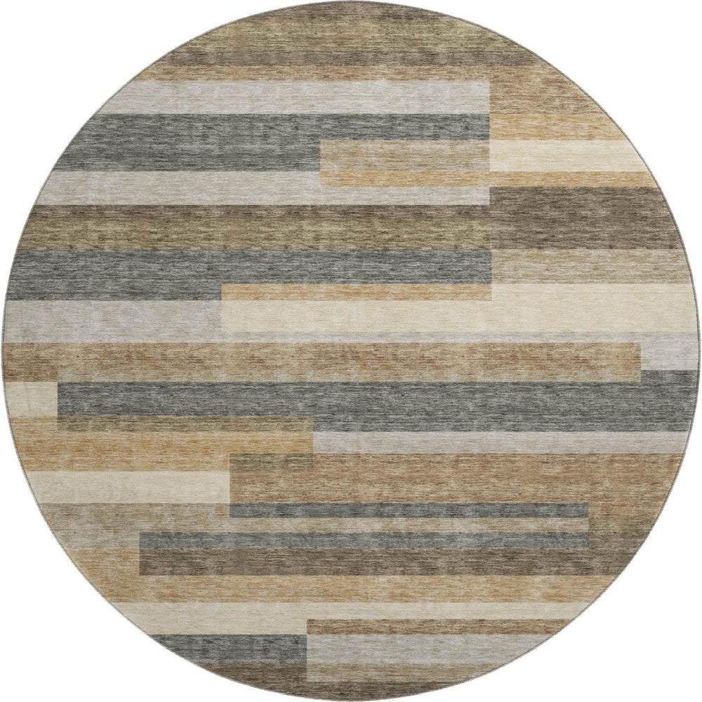 HomeRoots 8' Elegant Taupe Gray & Silver Striped Washable Round Rug with UV Protection for Busy Homes 664311