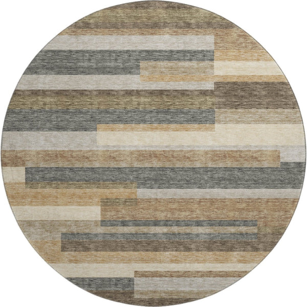 HomeRoots 8' Elegant Taupe Gray & Silver Striped Washable Round Rug with UV Protection for Busy Homes 664311