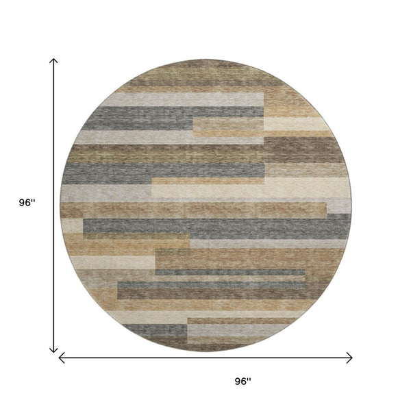 HomeRoots 8' Elegant Taupe Gray & Silver Striped Washable Round Rug with UV Protection for Busy Homes 664311