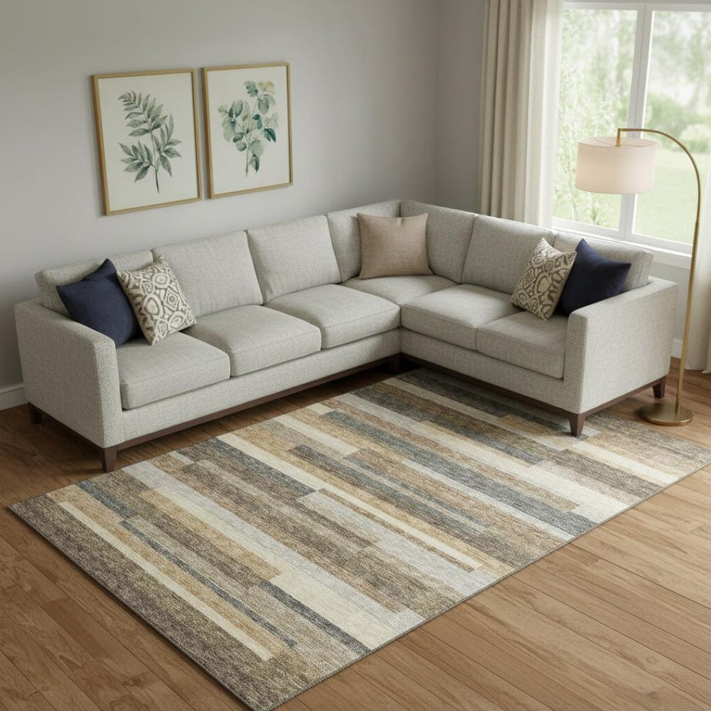 HomeRoots 9' X 12' Stylish Taupe Gray & Silver Striped Washable Area Rug with UV Protection for Busy Homes 664313