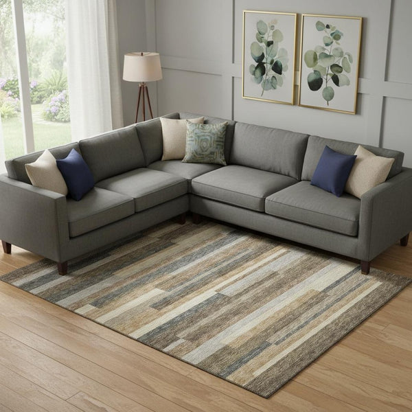 HomeRoots 10' X 14' Washable Taupe Gray & Silver Striped Area Rug - Stain Resistant, UV Protected, Easy Care! 664314