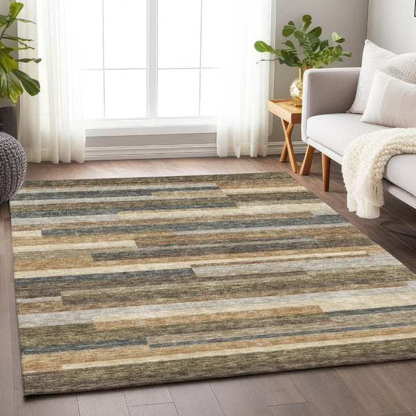 HomeRoots 10' X 14' Washable Taupe Gray & Silver Striped Area Rug - Stain Resistant, UV Protected, Easy Care! 664314
