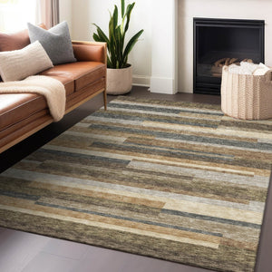 HomeRoots 10' X 14' Washable Taupe Gray & Silver Striped Area Rug - Stain Resistant, UV Protected, Easy Care! 664314
