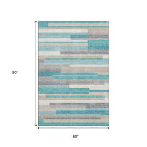 HomeRoots 5' X 8' Striped Area Rug in Teal, Ivory & Beige - Durable, Washable, UV Protected for High-Traffic Areas 664316