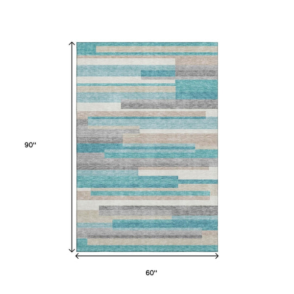 HomeRoots 5' X 8' Striped Area Rug in Teal, Ivory & Beige - Durable, Washable, UV Protected for High-Traffic Areas 664316