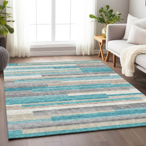 HomeRoots 5' X 8' Striped Area Rug in Teal, Ivory & Beige - Durable, Washable, UV Protected for High-Traffic Areas 664316