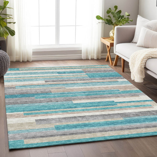 HomeRoots 5' X 8' Striped Area Rug in Teal, Ivory & Beige - Durable, Washable, UV Protected for High-Traffic Areas 664316