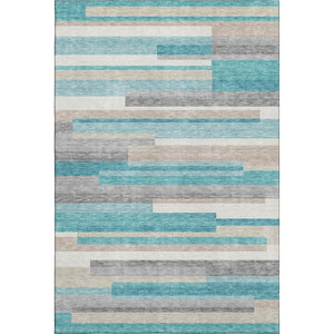 HomeRoots 5' X 8' Striped Area Rug in Teal, Ivory & Beige - Durable, Washable, UV Protected for High-Traffic Areas 664316