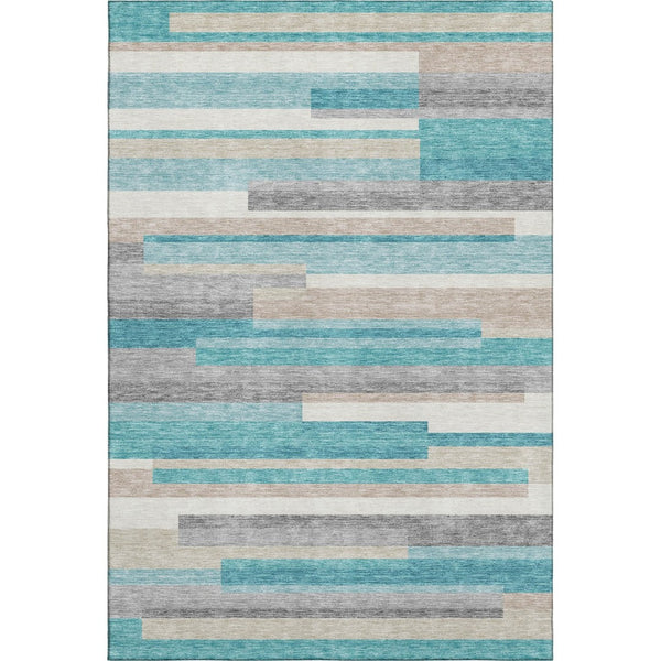 HomeRoots 5' X 8' Striped Area Rug in Teal, Ivory & Beige - Durable, Washable, UV Protected for High-Traffic Areas 664316