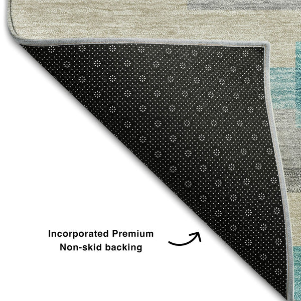 HomeRoots 5' X 8' Striped Area Rug in Teal, Ivory & Beige - Durable, Washable, UV Protected for High-Traffic Areas 664316