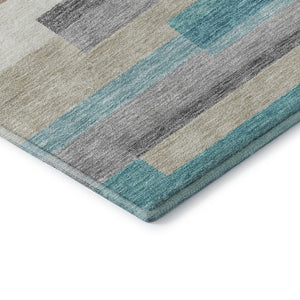 HomeRoots 5' X 8' Striped Area Rug in Teal, Ivory & Beige - Durable, Washable, UV Protected for High-Traffic Areas 664316