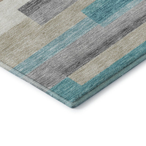 HomeRoots 5' X 8' Striped Area Rug in Teal, Ivory & Beige - Durable, Washable, UV Protected for High-Traffic Areas 664316