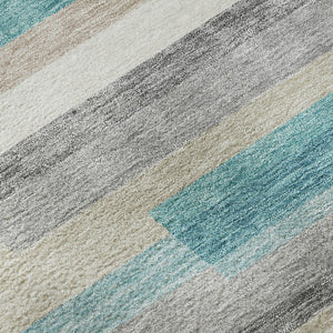 HomeRoots 5' X 8' Striped Area Rug in Teal, Ivory & Beige - Durable, Washable, UV Protected for High-Traffic Areas 664316