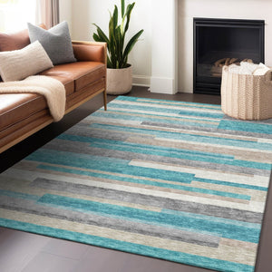 HomeRoots 5' X 8' Striped Area Rug in Teal, Ivory & Beige - Durable, Washable, UV Protected for High-Traffic Areas 664316
