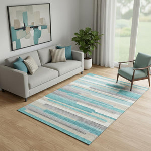 HomeRoots 5' X 8' Striped Area Rug in Teal, Ivory & Beige - Durable, Washable, UV Protected for High-Traffic Areas 664316