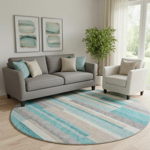HomeRoots 8' Teal Ivory and Beige Striped Round Rug - Washable, UV Protected, Perfect for Coastal Décor 664317