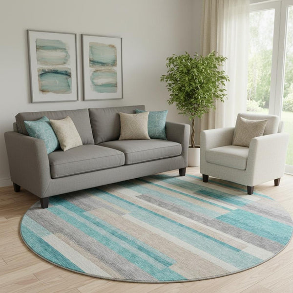 HomeRoots 8' Teal Ivory and Beige Striped Round Rug - Washable, UV Protected, Perfect for Coastal Décor 664317