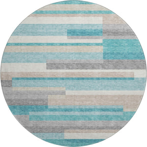 HomeRoots 8' Teal Ivory and Beige Striped Round Rug - Washable, UV Protected, Perfect for Coastal Décor 664317