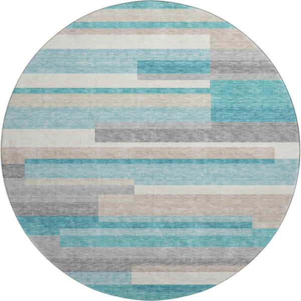 HomeRoots 8' Teal Ivory and Beige Striped Round Rug - Washable, UV Protected, Perfect for Coastal Décor 664317