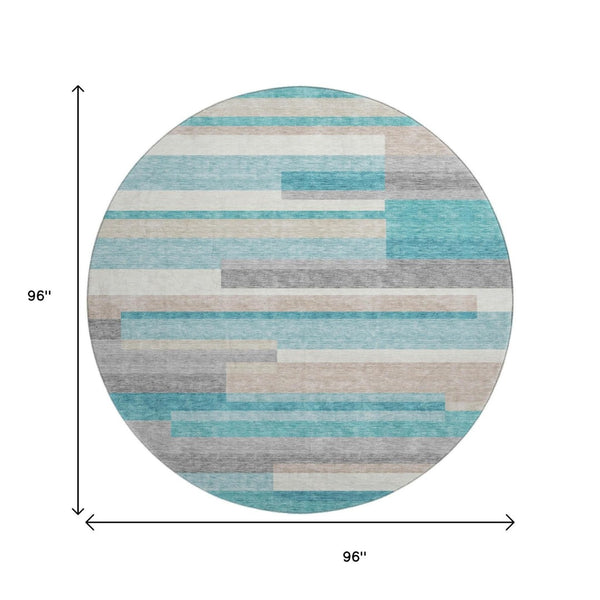 HomeRoots 8' Teal Ivory and Beige Striped Round Rug - Washable, UV Protected, Perfect for Coastal Décor 664317