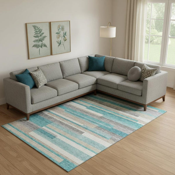 HomeRoots 8' X 10' Stylish Teal Ivory Beige Striped Washable Area Rug - UV Protected, Perfect for Homes! 664318