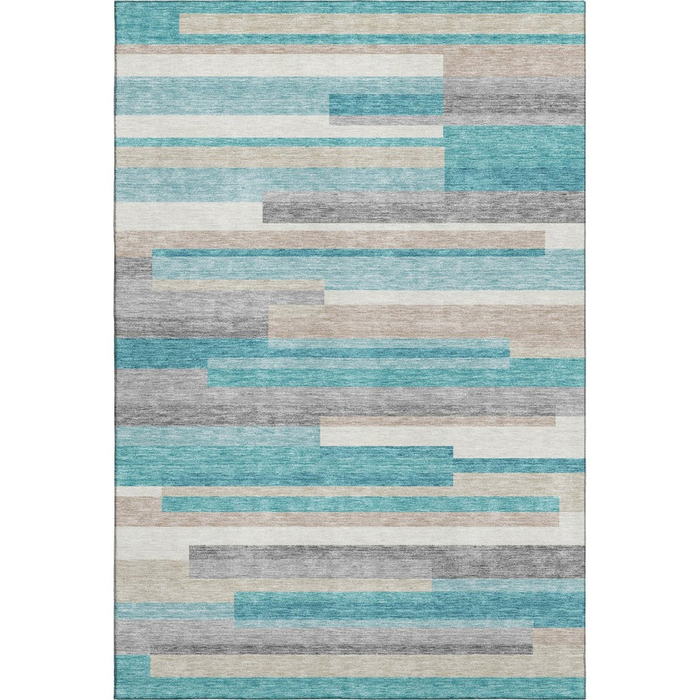 HomeRoots 8' X 10' Stylish Teal Ivory Beige Striped Washable Area Rug - UV Protected, Perfect for Homes! 664318