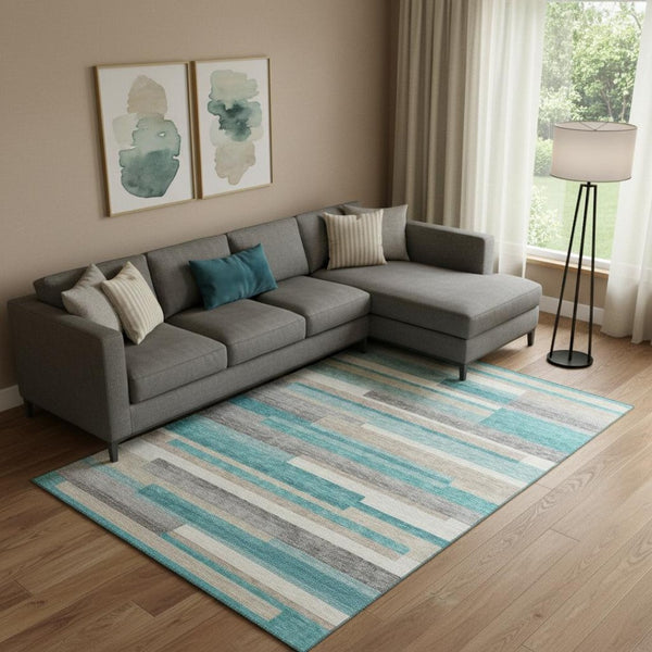 HomeRoots 9' X 12' Coastal-Inspired Teal, Ivory & Beige Striped Area Rug - Durable, Washable & UV Protected 664319