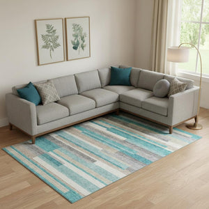 HomeRoots 10' X 14' Stylish Teal Ivory Beige Striped Washable Area Rug - UV Protected, Perfect for High Traffic Spaces 664320